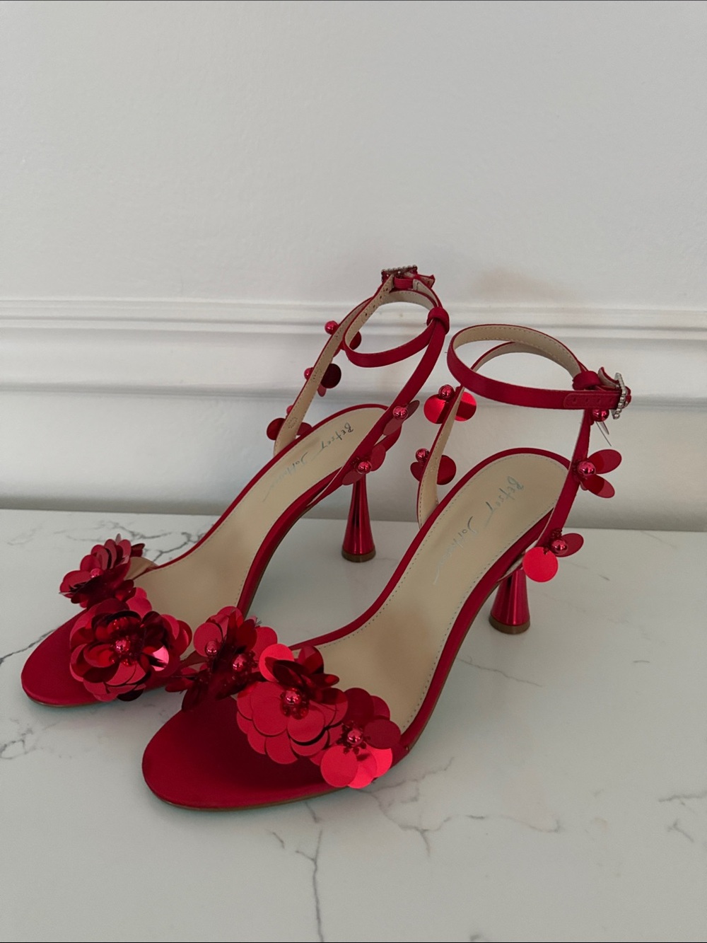 Betsey Johnson Red Floral Sequin Ankle-Strap Heels